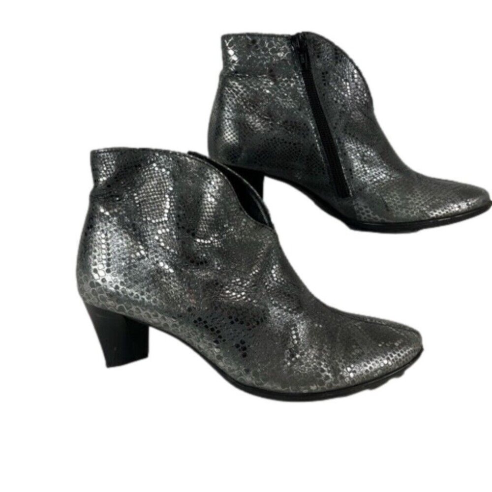 Ara Silver Metallic Snakeskin-Patterned German Booties